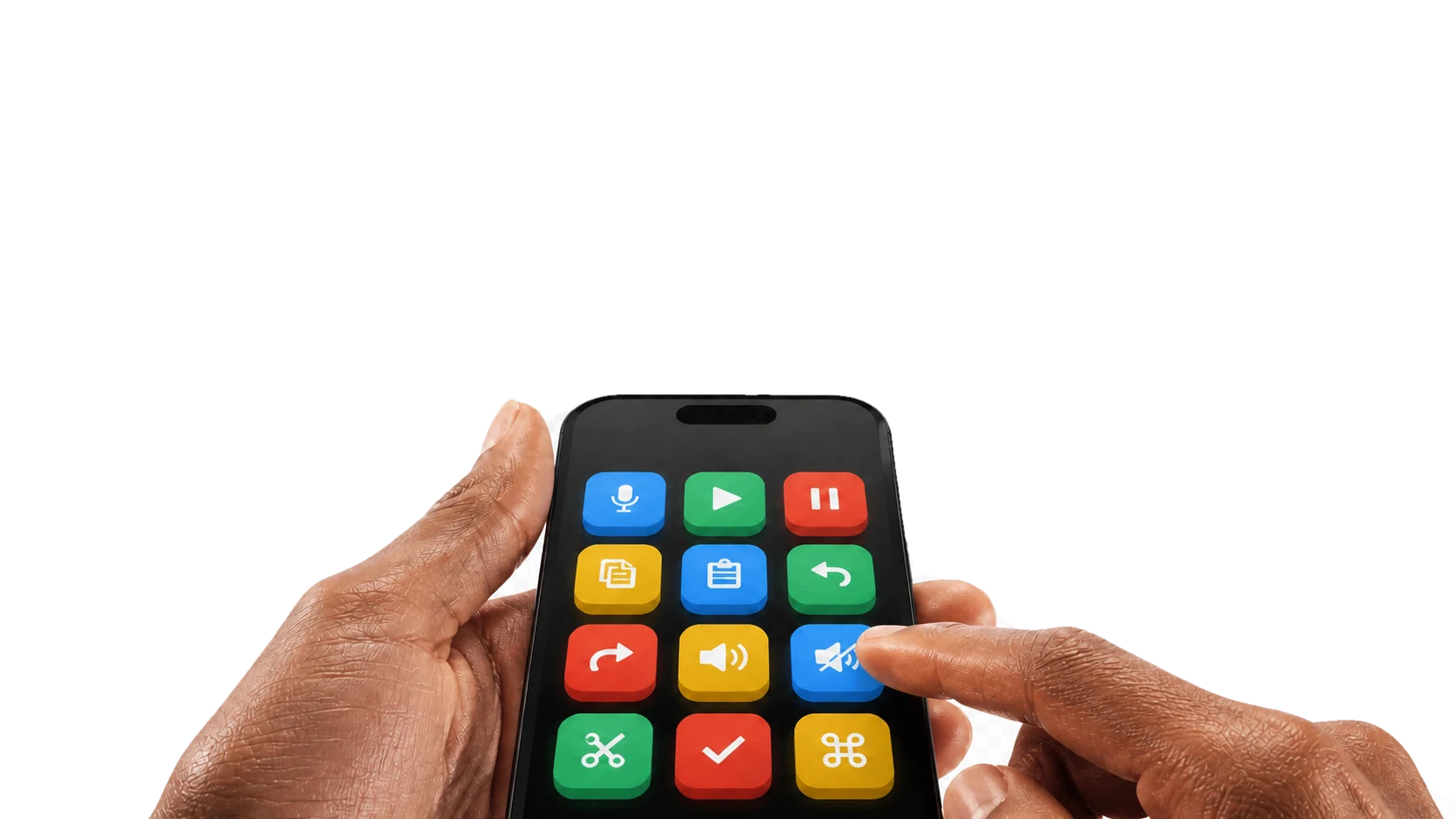 Hands using Vibepad's colorful customizable macro keypad on a phone